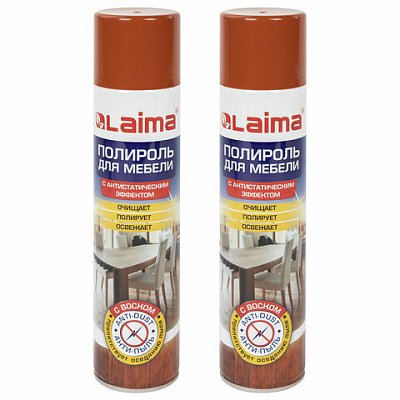 Полироль для мебели КОМПЛЕКТ 2 шт., ЛАЙМА «Антипыль» с воском и антистатиком, 300 мл, аэрозоль