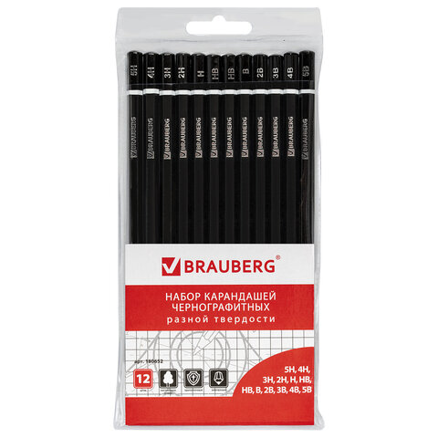 превью Карандаши чернографитные BRAUBERG, набор 12 шт., твердость 5H-5B, черные, без резинки, заточенные, ПВХ-упаковка
