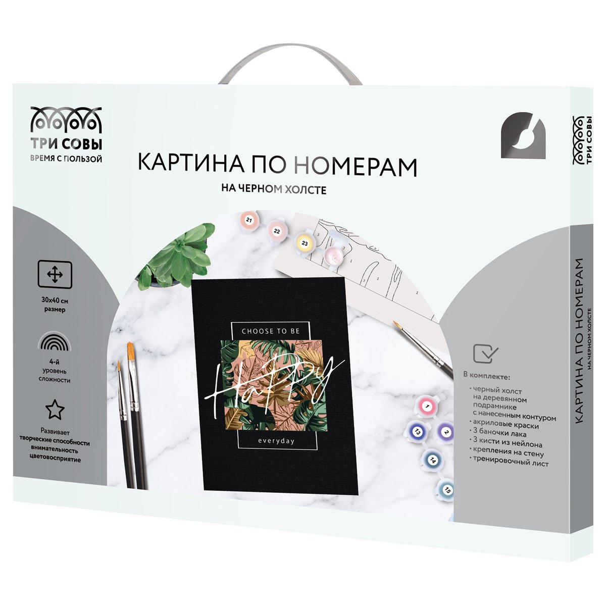 Картина по номерам на черном холсте ТРИ СОВЫ «Будь счастлив», 30×40, c акриловыми красками и кистями