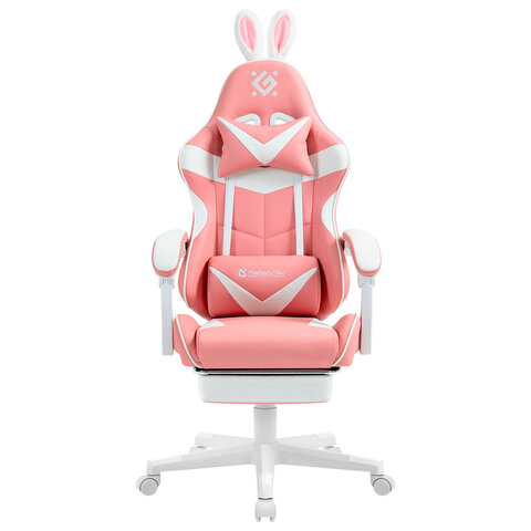 Кресло компьютерное DEFENDER Irifi, 2 подушки, подставка для ног, экокожа, розовое/белое, ш/к 26630