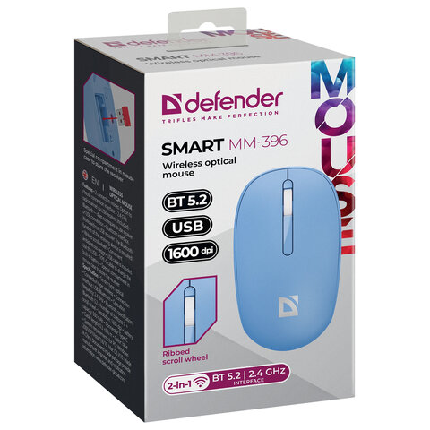 Мышь беспроводная DEFENDER Smart MM-396, 1600 dpi, 2 кнопки + 1 колесо-кнопка, оптическая, синяя
