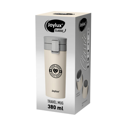 Термокружка 380 мл JOYLUX (ДЖОЙЛЮКС) CLASSIC COFFEE, нержавеющая сталь SUS304, бежевый с принтом