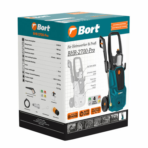 Минимойка BORT BHR-2700-Pro, мощность 2.5 кВт, давление 180 бар, шланг 10 м