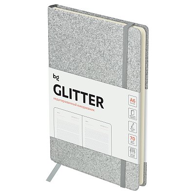 Ежедневник недатированный, А6, 136л., твердый переплет, диз. картон, BG «Glitter. Silver», серебристый, на резинке, карман