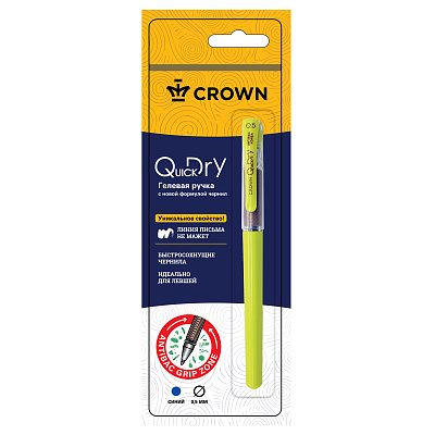 Ручка гелевая Crown «Quick Dry» с быстросохнущими чернилами и антибактериальным грипом, синяя, 0.5мм, корпус ассорти, 1 шт., блистер
