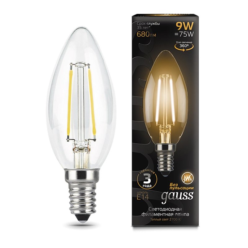 Лампа светодиодная Gauss LED Filament 9 Вт E14 свеча 2700 К теплый белый свет