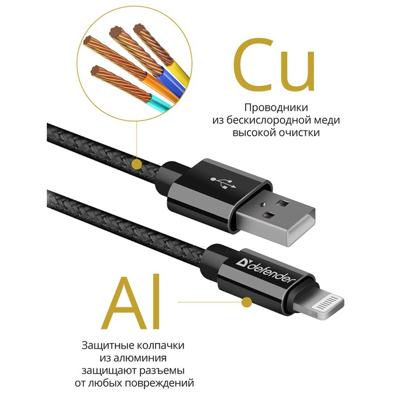 Кабель Defender ACH01-03T PRO USB(AM) - Lightning(M), для Apple, 2.1A output, в оплетке, 1м, черный