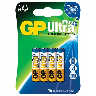 Батарейки GP Ultra Plus, AAA (LR03, 24А), алкалиновые, комплект 4 шт., в блистере