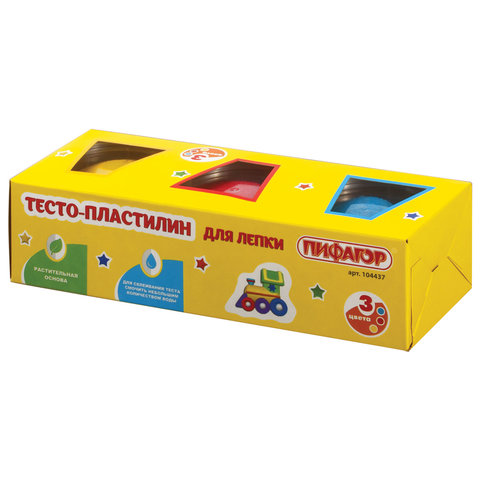 Пластилин на растительной основе (тесто для лепки) ПИФАГОР, 3 цвета, 270 г, картонный рукав