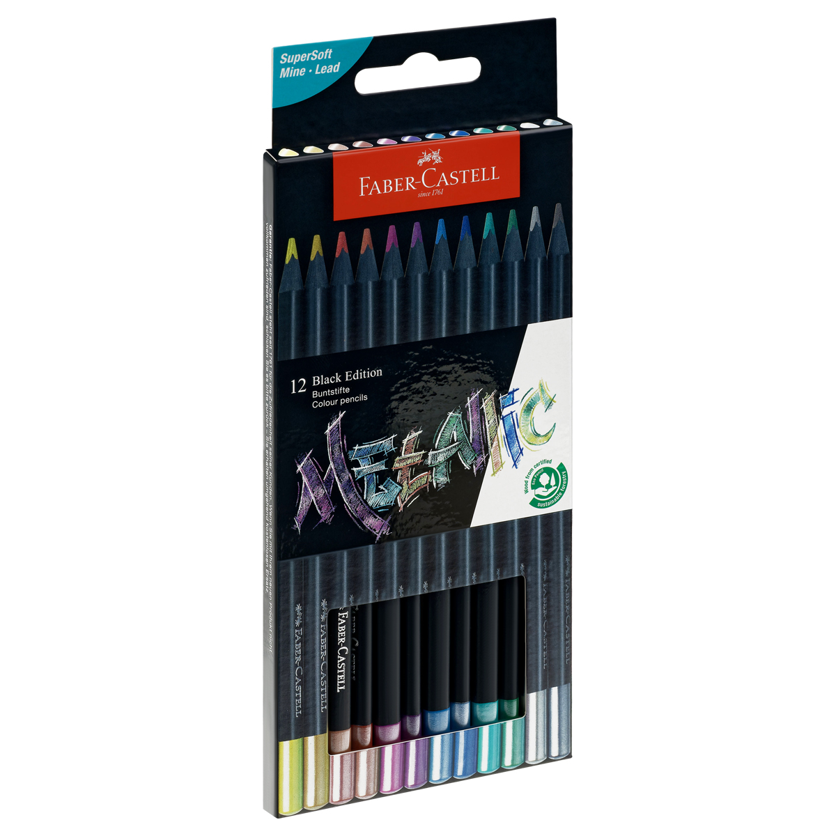 превью Карандаши цветные Faber-Castell «Black Edition», 12цв., металлик, трехгран., черное дерево, заточен., картон. 