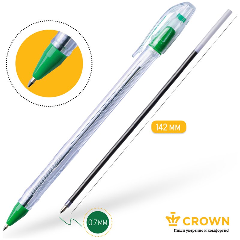 Ручка шариковая Crown «Oil Jell» зеленая, 0.7мм, штрих-код