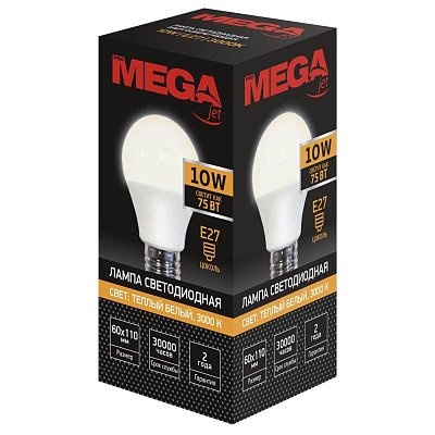Лампа светодиодная Mega E27 10W 3000K груша теплый белый свет