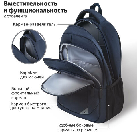Рюкзак BRAUBERG URBAN универсальный, 2 отделения, «Freedom», темно-синий, 46×32х19 см