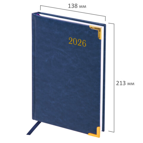 Ежедневник датированный 2026, А5, 138×213 мм, BRAUBERG «Senator», под кожу, синий