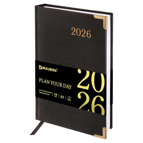 превью Ежедневник датированный 2026, А5, 138×213 мм, BRAUBERG «Senator», под кожу, черный