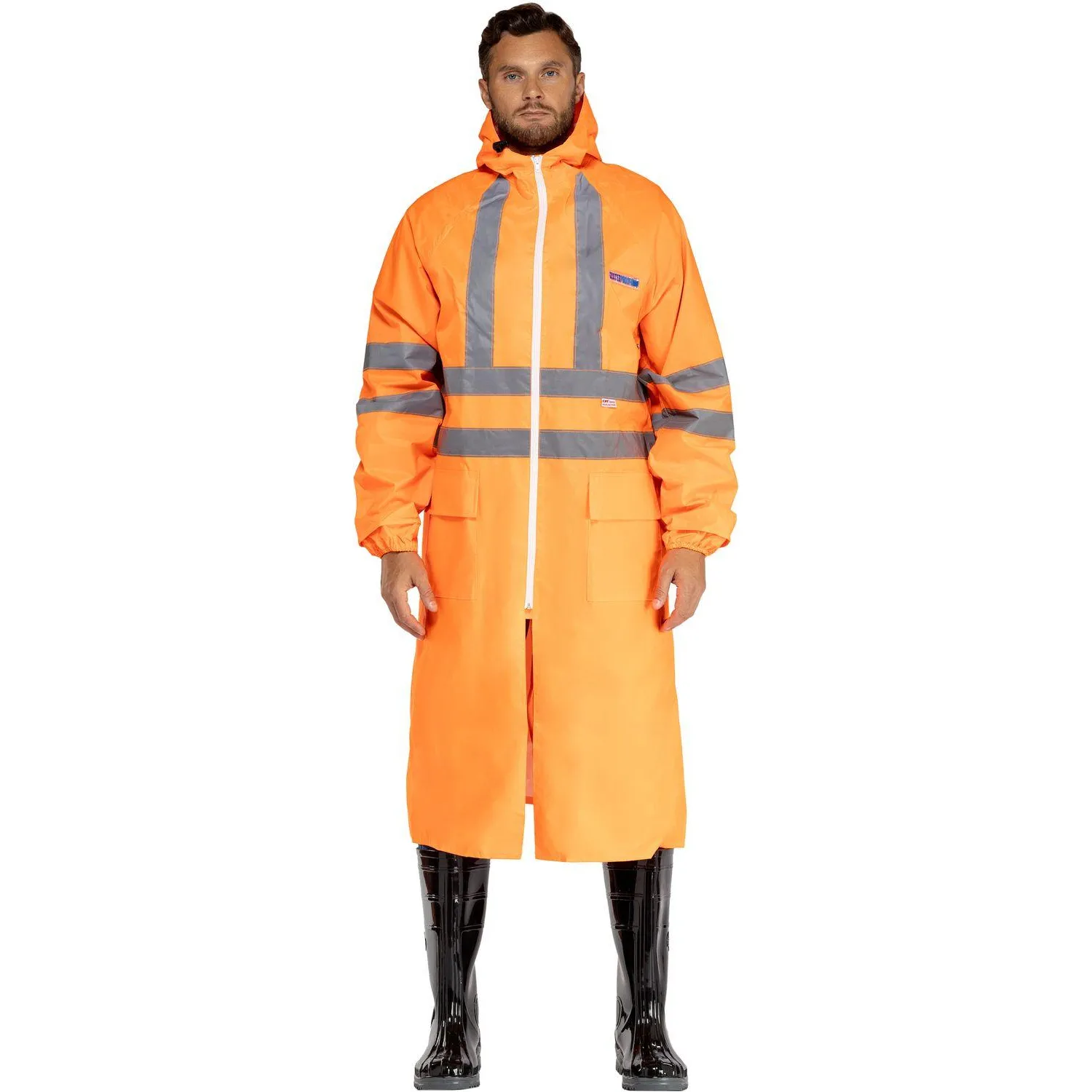 Плащ сигнальный влагозащитный Waterproof Line Extra-V-ПЛ плащёвая ткань с ПВХ покрытием на молнии оранжевый с СОП (размер 88-92 (44-46), рост 182-188)
