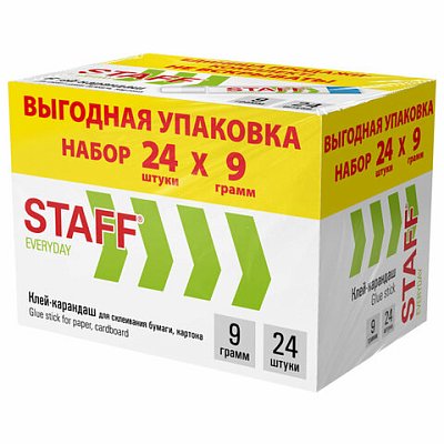 Клей-карандаш 9 г, ВЫГОДНАЯ УПАКОВКА, КОМПЛЕКТ 24 ШТУКИ, STAFF EVERYDAY