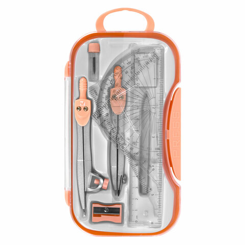 Готовальня BRAUBERG SCHOOL KIT, 11 предметов, циркуль 115 мм, циркуль 125 мм, чертежные принадлежности, персиковый цвет