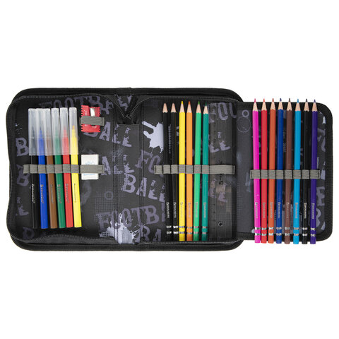 Пенал BRAUBERG с наполнением, 1 отделение, 1 откидная планка, 24 предмета, полиэстер, 21×14 см, «Fireball»