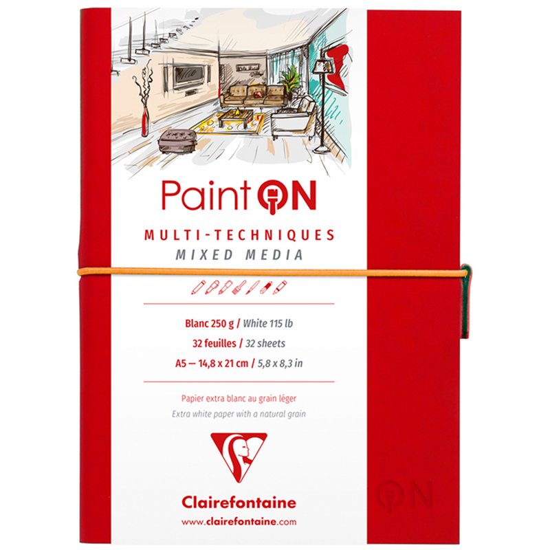 превью Скетчбук для смешанных техник 32л., А5, на сшивке «Paint'ON», 250г/м2, мелкозерн., резинка, кожзам
