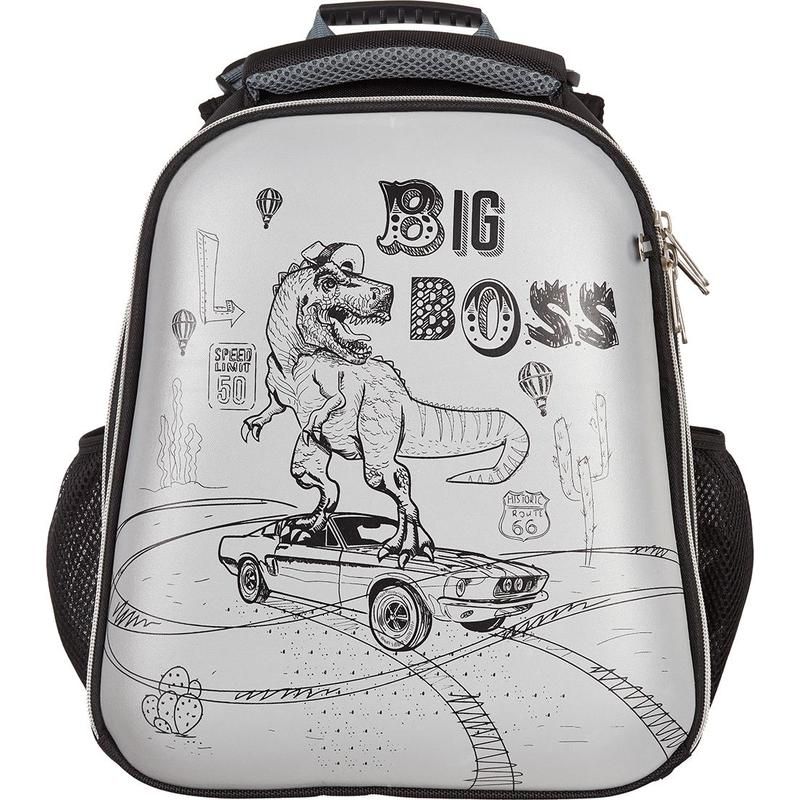 Ранец №1School Динозавр Boss черный/серый (эргономическая спинка, светоотражающая ткань)