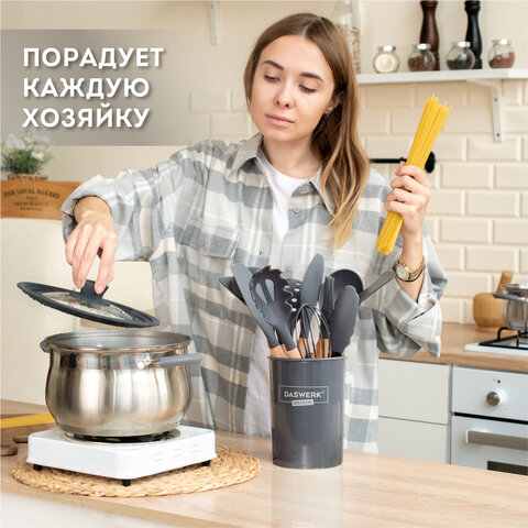 Набор силиконовых кухонных принадлежностей с деревянными ручками 12 в 1серыйDASWERK608194