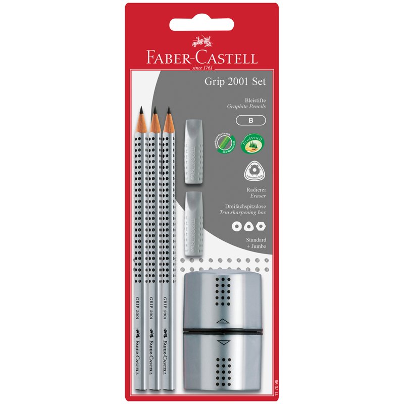 превью Набор карандашей ч/г Faber-Castell «Grip 2001», 3шт., трехгран., заточен., 2 шт. ластик-колпачок, точилка, серебр. блистер