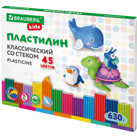 превью Пластилин классический BRAUBERG KIDS, 45 цветов, 630 г, стек, ВЫСШЕЕ КАЧЕСТВО