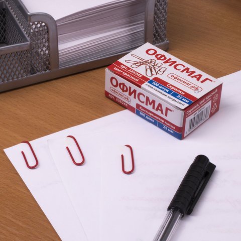 Скрепки ОФИСМАГ, 25 мм, красные, 100 шт., в картонной коробке