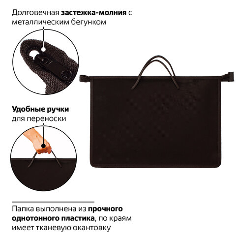 Папка на молнии с ручками ПИФАГОР, А4, пластик, молния сверху, однотонная черная