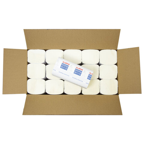 Полотенца бумажные 250 шт. LAIMA (Система H3)UNIVERSAL WHITE PLUS1-слойныебелыеКОМПЛЕКТ 15 пачек23×23V-сложение111343