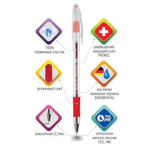 Ручка шариковая масляная с грипом BRAUBERG «Model-XL» ORIGINAL, КРАСНАЯ, узел 0.7 мм, линия письма 0.35 мм, 143244