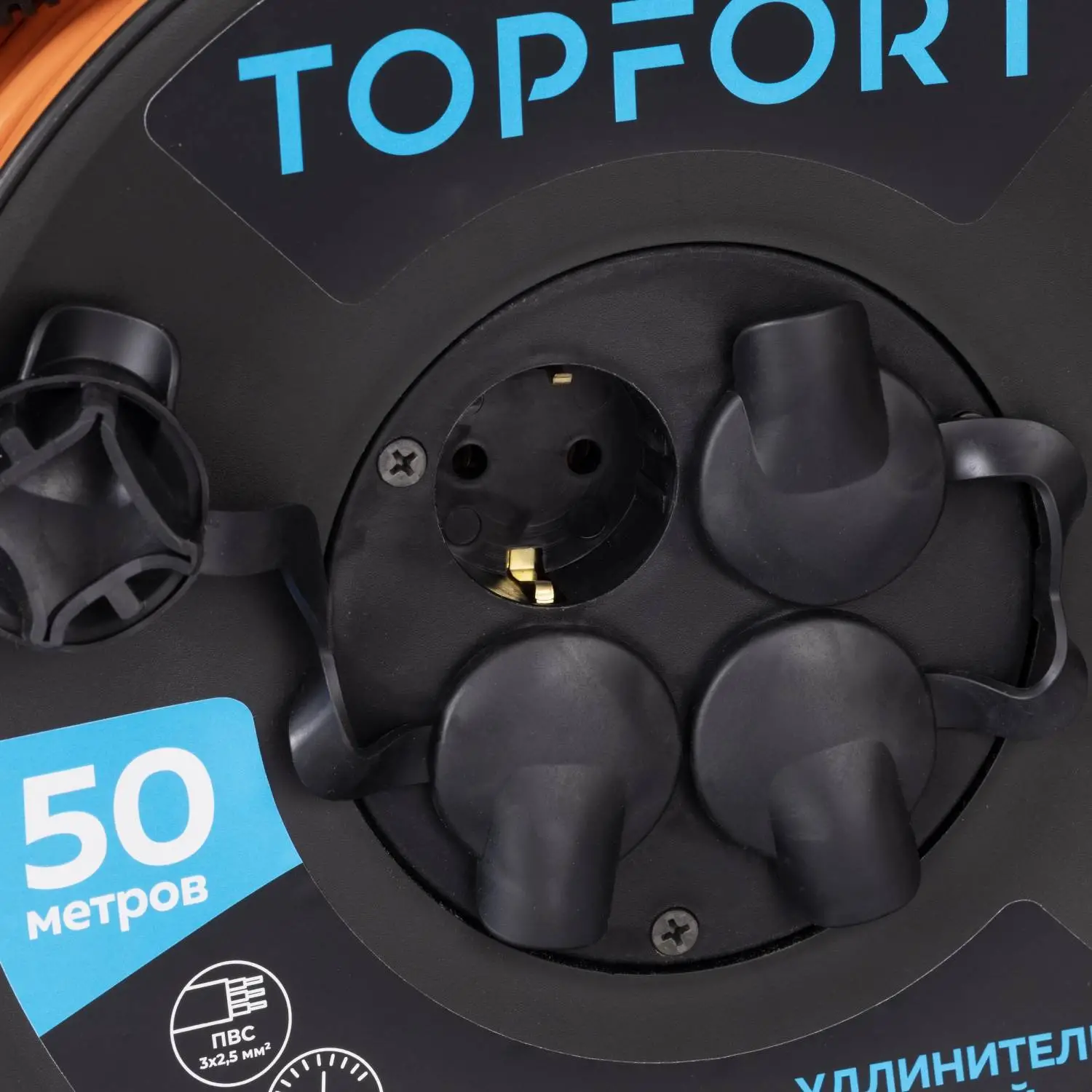 Удлинитель на катушке силовой TOPFORT ПВС 3х2.5 кв.мм 50 м 16 А с заземлением 4 розетки