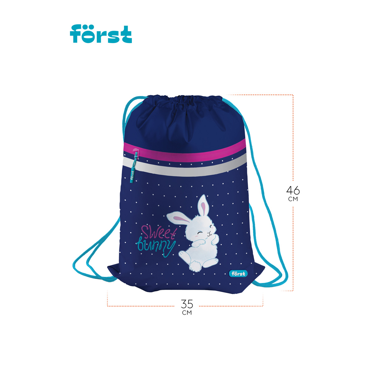 Мешок для обуви 1 отделение Först «Sweet bunny», 350×460мм, вентиляционная сеточка, светоотражающая лента, карман на молнии