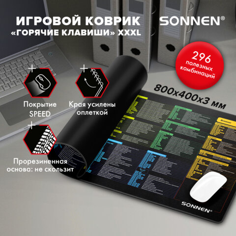 Коврик для мыши и клавиатуры с полезными комбинациями большой SONNEN «HOT KEYS»800×400х3 мм513961