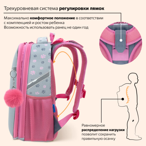Ранец BRAUBERG UP, 2 отделения, с брелоком, «Милые коты», 36×28х15 см