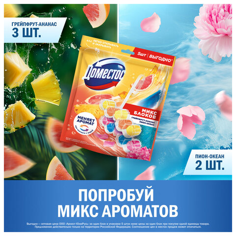 Блок туалетный подвесной твердый 2×50 г + 3×50 гДОМЕСТОС «Свежесть цитруса и цветочный букет»