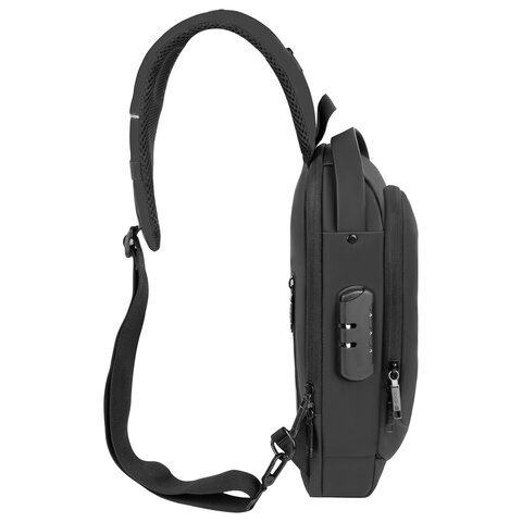 Рюкзак однолямочный HEIKKI FEATURE (ХЕЙКИ), кодовый замок, USB-порт, черный, 32×16x6 см