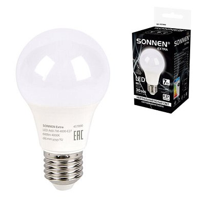 Лампа светодиодная SONNEN EXTRA, 7 (60) Вт, Е27, груша, нейтральный белый, 30000 ч, LED A60-7W-4000-Е27