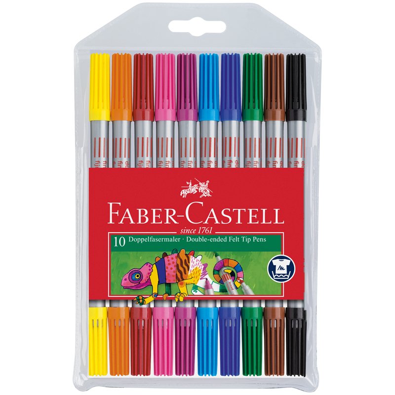 Фломастеры двусторонние FABER-CASTELL, 10 цветов, тонкая/толстая линия письма, ПВХ упаковка