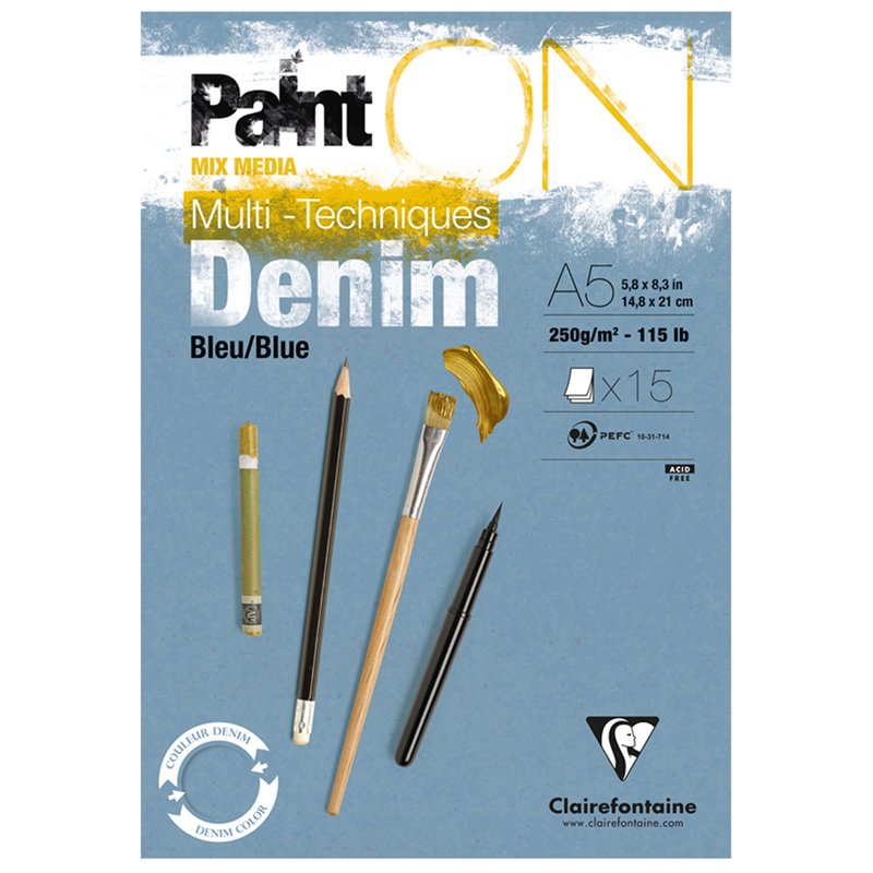 превью Скетчбук - альбом для смешанных техник 15л., А5, на склейке Clairefontaine «Paint'ON Denim Blue», 250г/м2, джинсовый