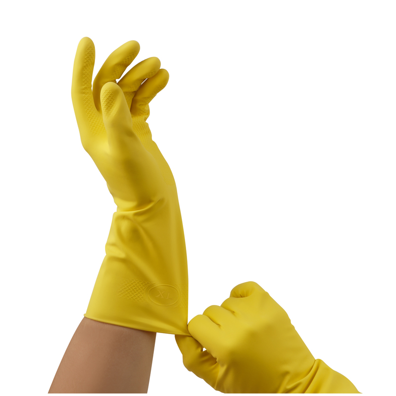 Перчатки резиновые хозяйственные OfficeClean ЛЮКС, многоразовые, хлопчатобумажное напыление, плотные, р. XL, желтые, пакет с европодвесом