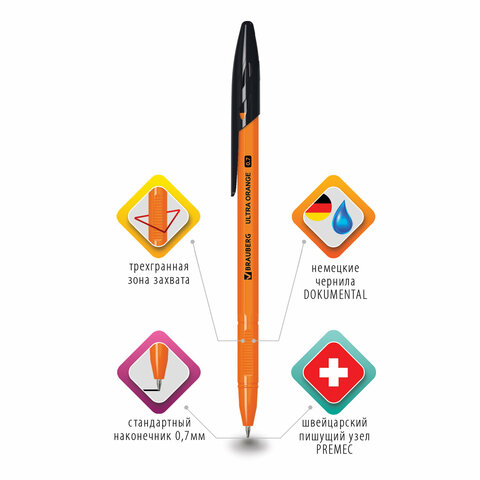 Ручка шариковая BRAUBERG «ULTRA ORANGE», ЧЕРНАЯ, узел 0.7 мм, чернила ГЕРМАНИЯ, наконечник ШВЕЙЦАРИЯ
