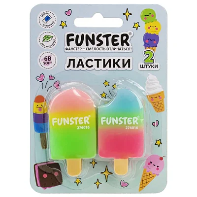 Ластик фигурный FUNSTER (ФАНСТЕР) «АЙСКРИМ», НАБОР 2 ШТУКИ, 55×29х12 мм, цвет ассорти, экологичный ПВХ, блистер
