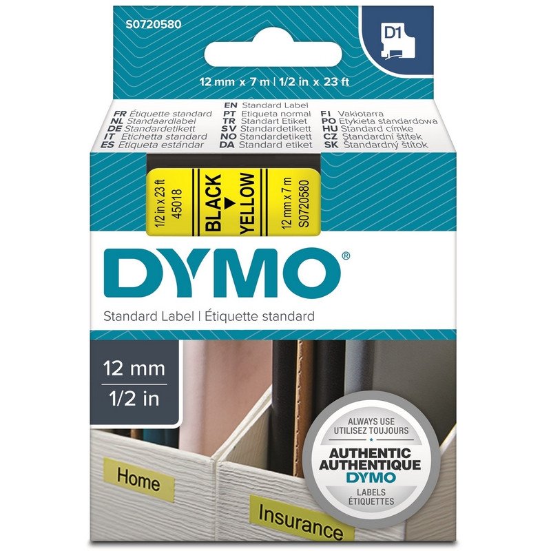Картридж для этикет-принтеров DYMO LM150, LP350, PC II (12 мм x 7м, желтая лента/чёрный шрифт)