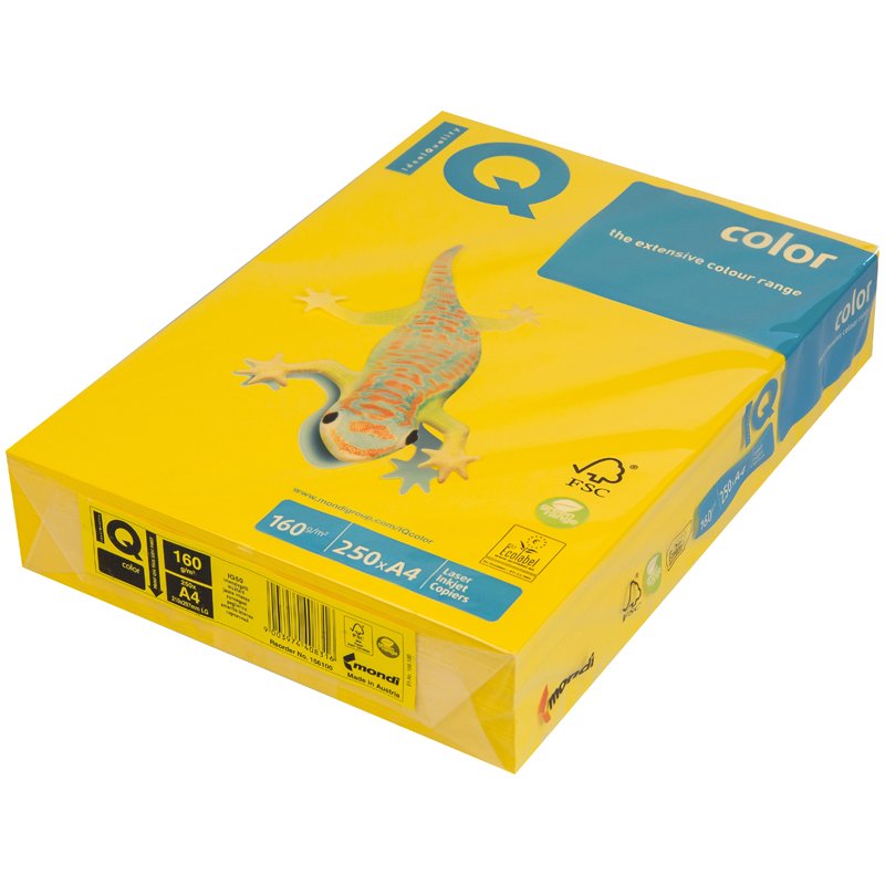Бумага IQ color, А4, 160 г/м2, 250 л., интенсив, ярко-желтая, IG50
