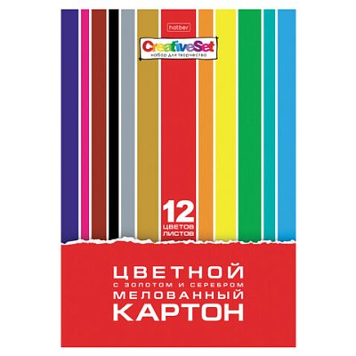 Картон цветной А4 МЕЛОВАННЫЙ ВОЛШЕБНЫЙ, 12 листов, 12 цветов, в папке, HATBER, 200×290 мм, «Creative Set», 088743