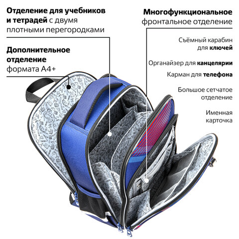 Ранец BRAUBERG QUADRO, 3 отделения, с брелком, «Rapid style», 37×28х18 см