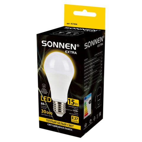 Лампа светодиодная SONNEN EXTRA, 15 (130) Вт, Е27, груша, теплый белый, 30000 ч, LED A60-15W-2700-Е27