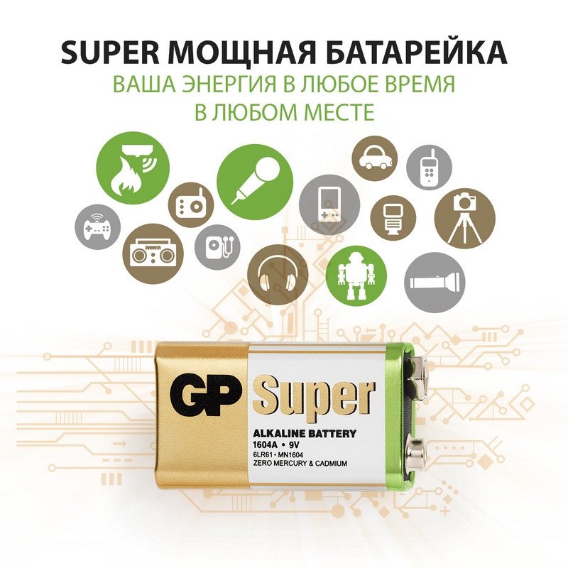 Батарейка GP Super F8/КРОНА/6LR61, 9В, алкалиновая, 1 шт. в блистере